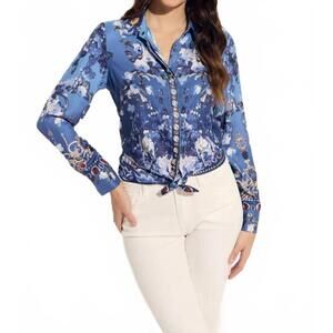 NEW OOLALA jewel floral blouse in indigo blue